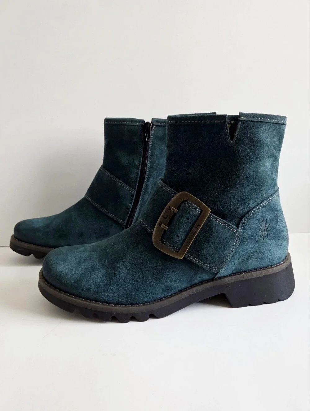 NWOT Fly London Rily Bootie "Oil Suede Petrol" / Teal, Big Buckle Sz 40, 9-9.5 - Picture 14 of 15